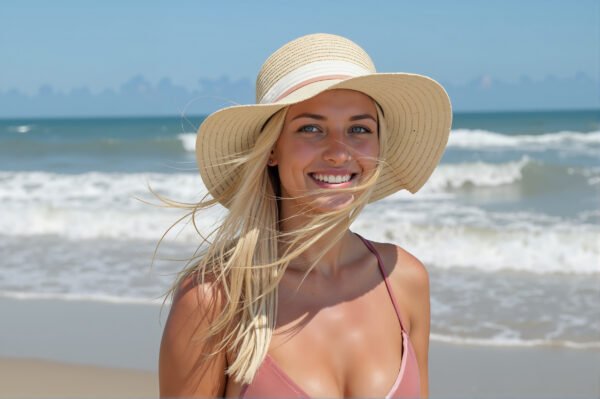 Young blonde woman wearing a sunhat at the beach, smiling