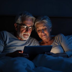 Older couple watching a movie on a tablet together in bed, dim lights, cozy nighttime scene.