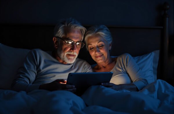 Older couple watching a movie on a tablet together in bed, dim lights, cozy nighttime scene.