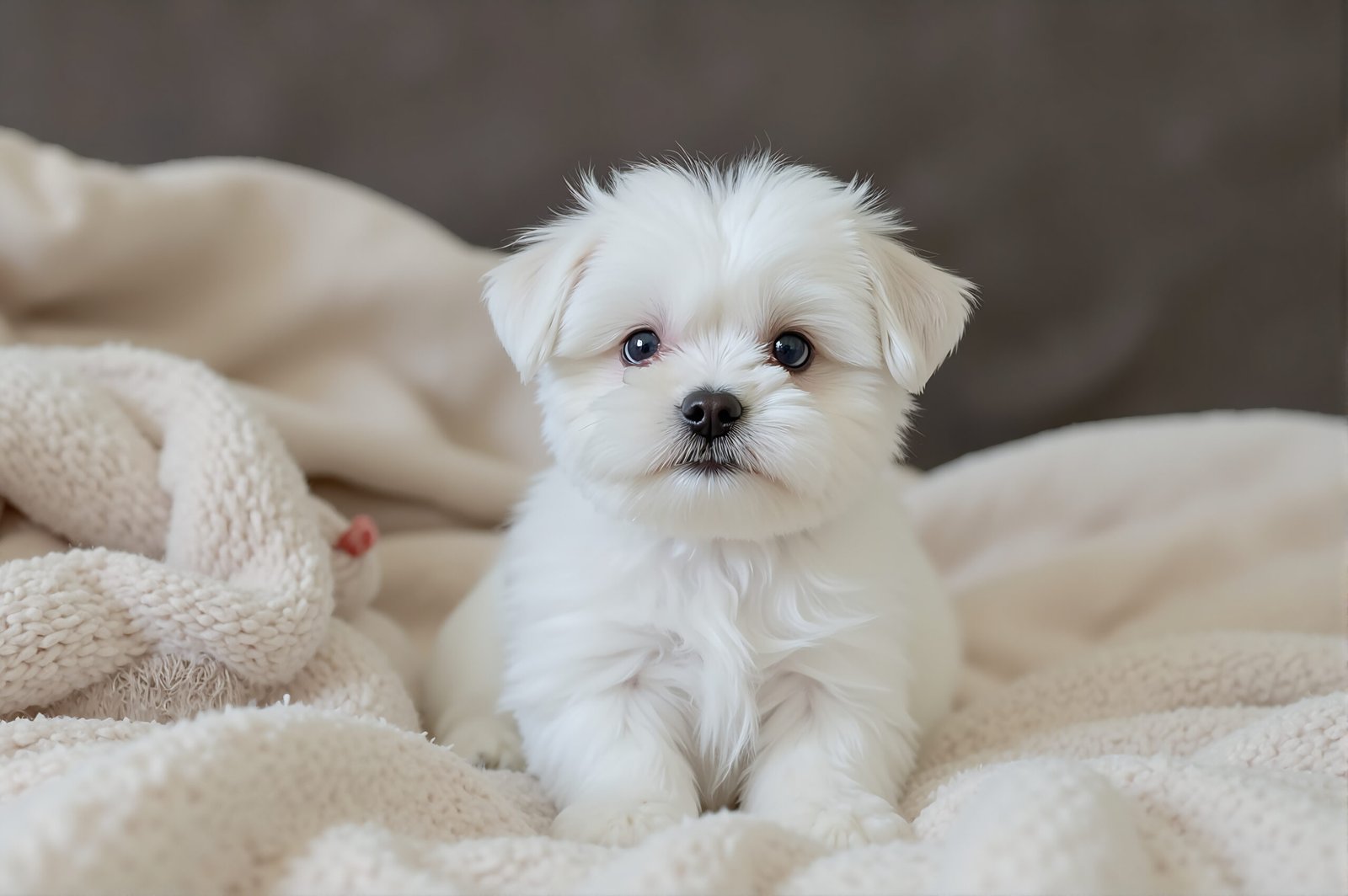 Maltese puppy sitting on lap blanket, pure white coat