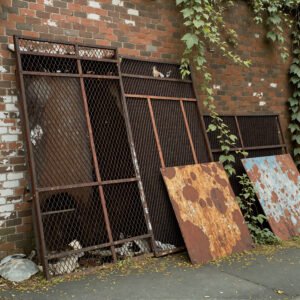 Rusted metal mesh and sheets leaning against an old brick wall with overgrown plants, abandoned factory look