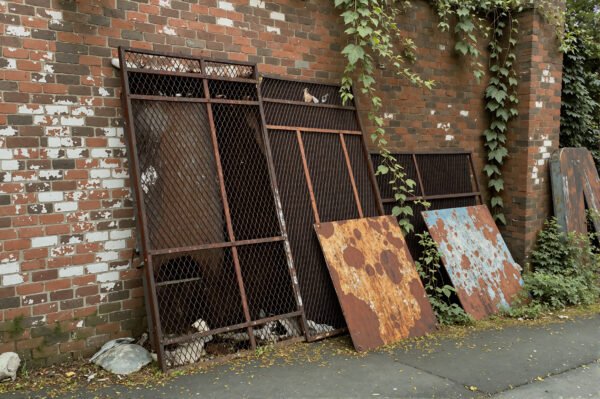 Rusted metal mesh and sheets leaning against an old brick wall with overgrown plants, abandoned factory look