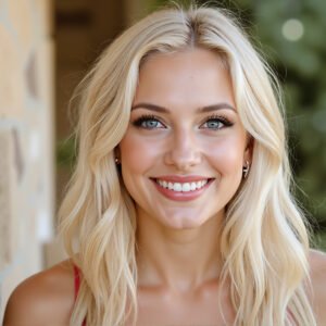 Photorealistic portrait of a blonde woman with natural makeup, smiling in a casual outdoor setting