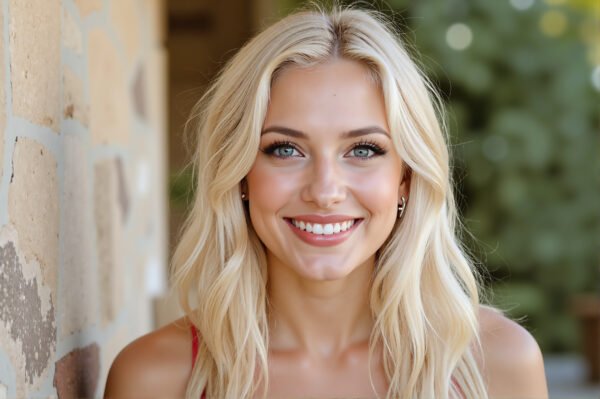 Photorealistic portrait of a blonde woman with natural makeup, smiling in a casual outdoor setting
