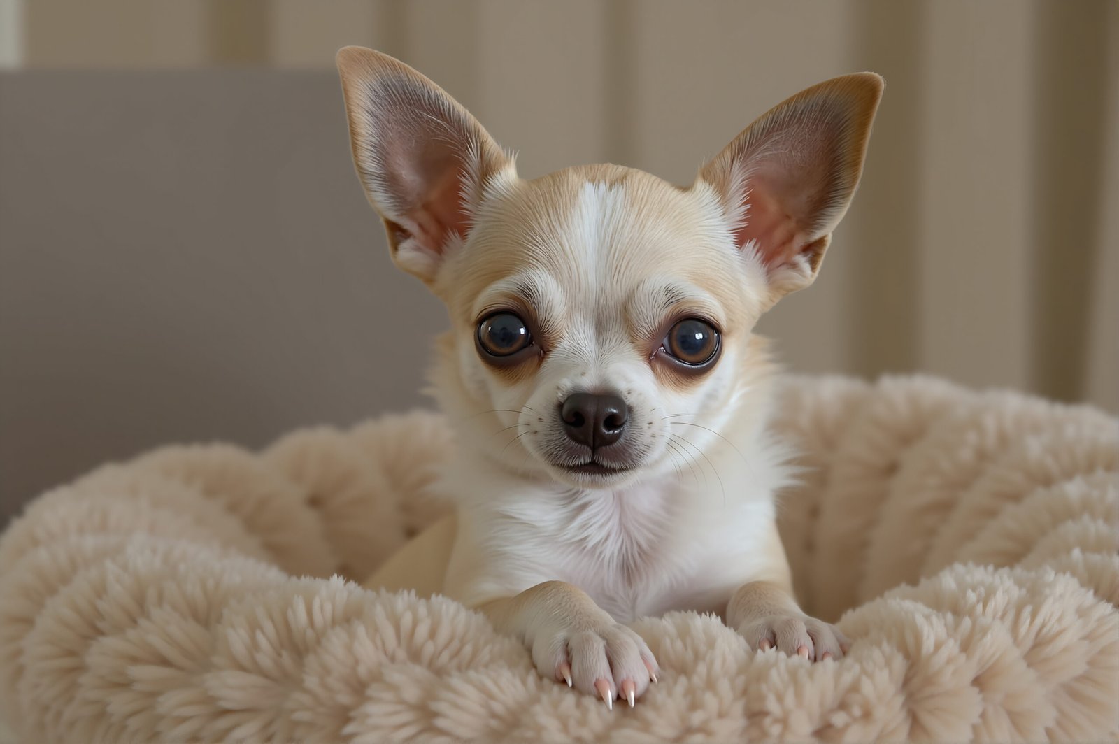 Chihuahua perched on a plush cushion, large ears visible, indoor lighting