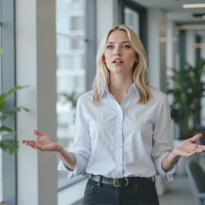 Business casual blonde woman giving a presentation in a bright modern office, confident and expressive