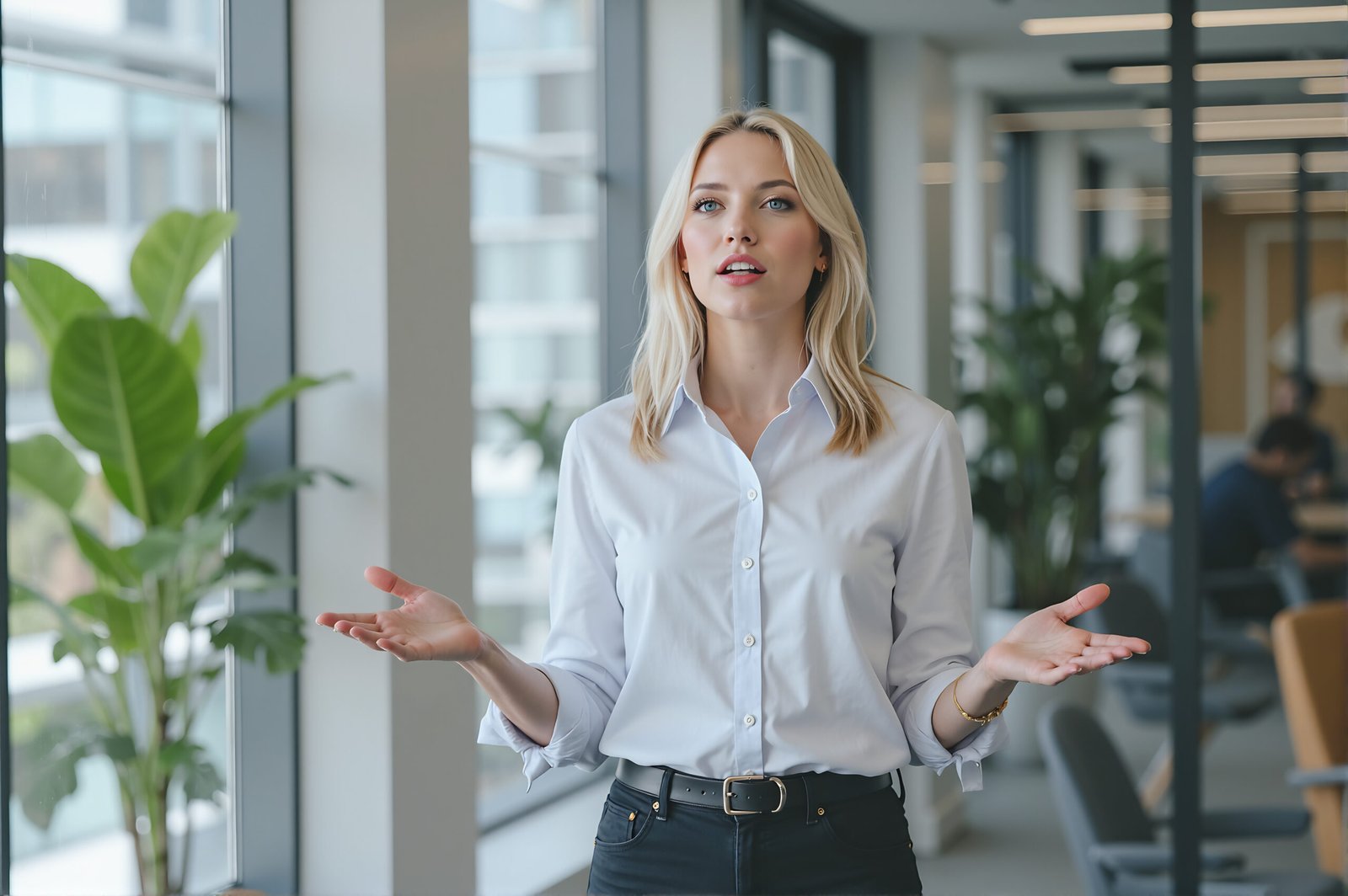 Business casual blonde woman giving a presentation in a bright modern office, confident and expressive