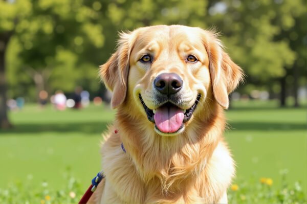 Friendly Golden Retriever happily sitting in a sunlit park, high-resolution pet and lifestyle stock image
