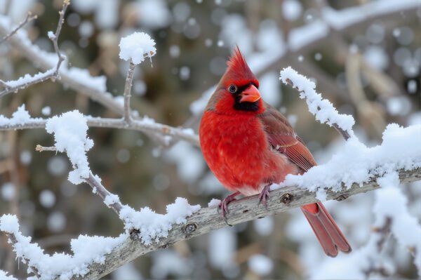 Close-up of a red cardinal perched on a snow-covered branch