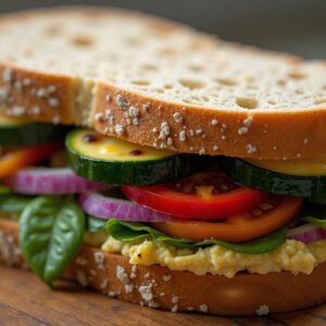 Vegetarian sandwich with hummus, grilled zucchini, and onion, inside whole wheat ciabatta bread