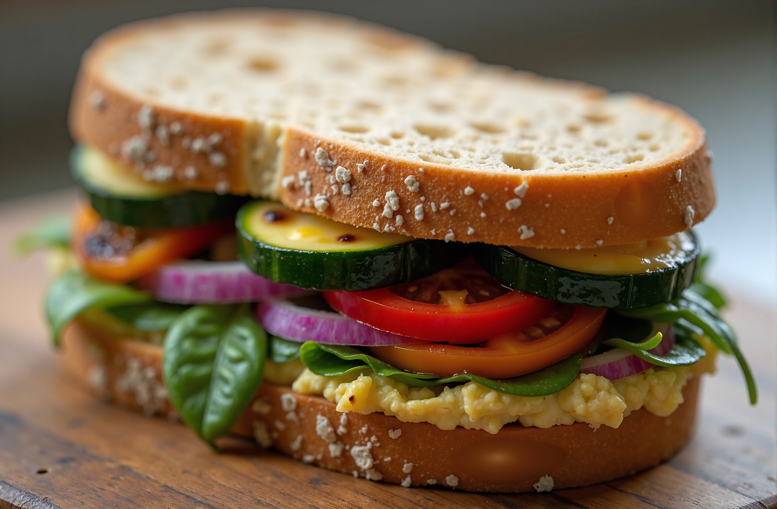 Vegetarian sandwich with hummus, grilled zucchini, and onion, inside whole wheat ciabatta bread