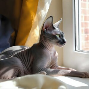 Sphynx cat basking in sunlight near a window, hairless skin texture visible, cozy home interior
