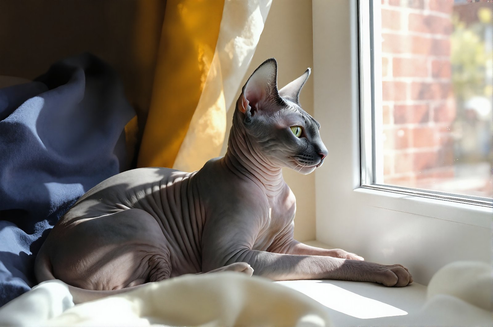 Sphynx cat basking in sunlight near a window, hairless skin texture visible, cozy home interior