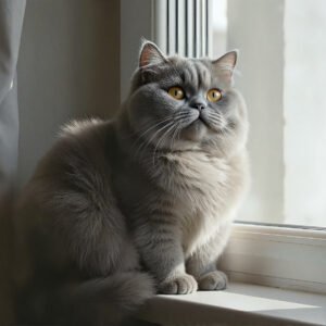 Realistic portrait of a British Shorthair cat sitting on a window sill, round face, plush gray fur, soft morning light