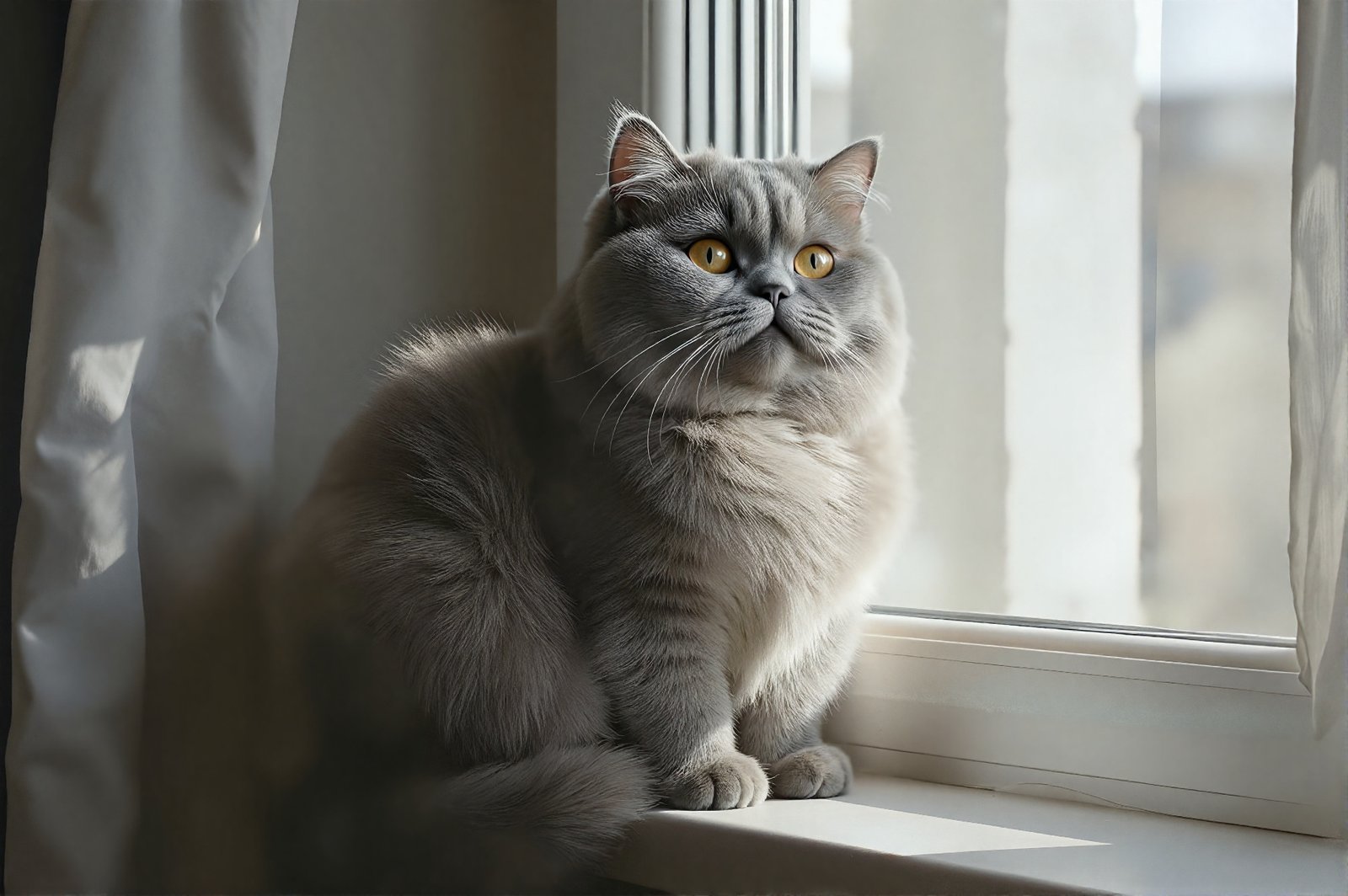 Realistic portrait of a British Shorthair cat sitting on a window sill, round face, plush gray fur, soft morning light