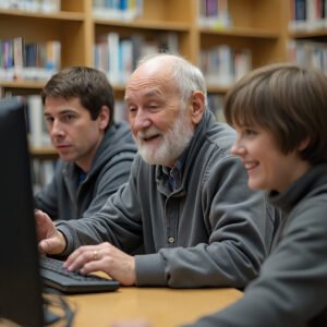 Elderly man in a public library with a group, learning to use a computer