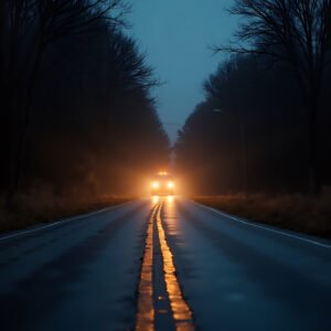 Country road illuminated by car headlights at dusk, subtle reflections on wet pavement, surrounded by dark woods