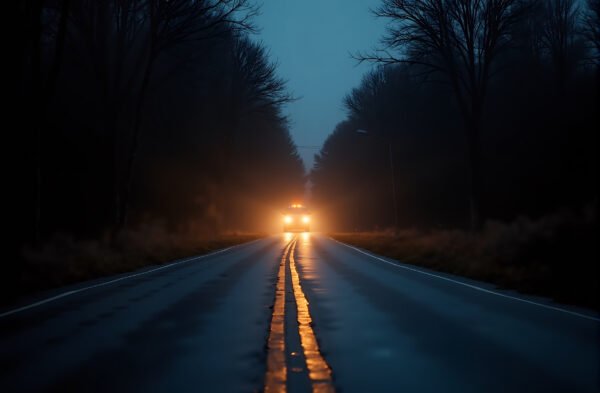 Country road illuminated by car headlights at dusk, subtle reflections on wet pavement, surrounded by dark woods