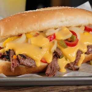 Philly cheesesteak sandwich on a rustic metal tray, thin-sliced beef, melted provolone