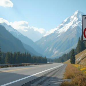 Photorealistic image of a speed limit 60 sign on a roadside, mountains and trees in the background