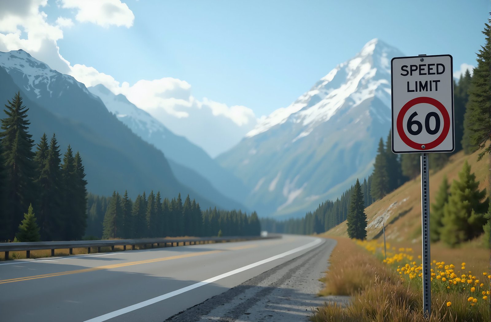 Photorealistic image of a speed limit 60 sign on a roadside, mountains and trees in the background