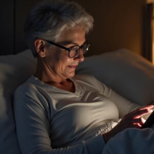 Older woman browsing an online store on a tablet in bed, wearing reading glasses and pajamas