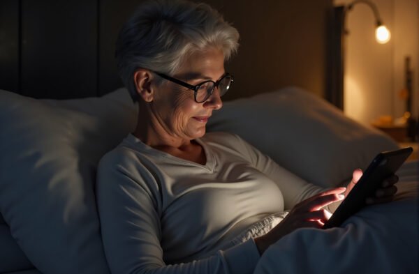 Older woman browsing an online store on a tablet in bed, wearing reading glasses and pajamas