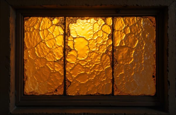 Antique stained textured glass with aged color tint, illuminated softly