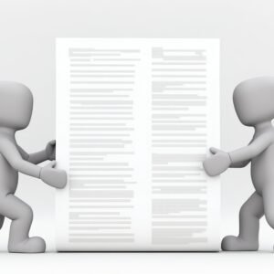 3D cartoon characters pulling together a giant document or report, working side by side in a collaborative digital workspace