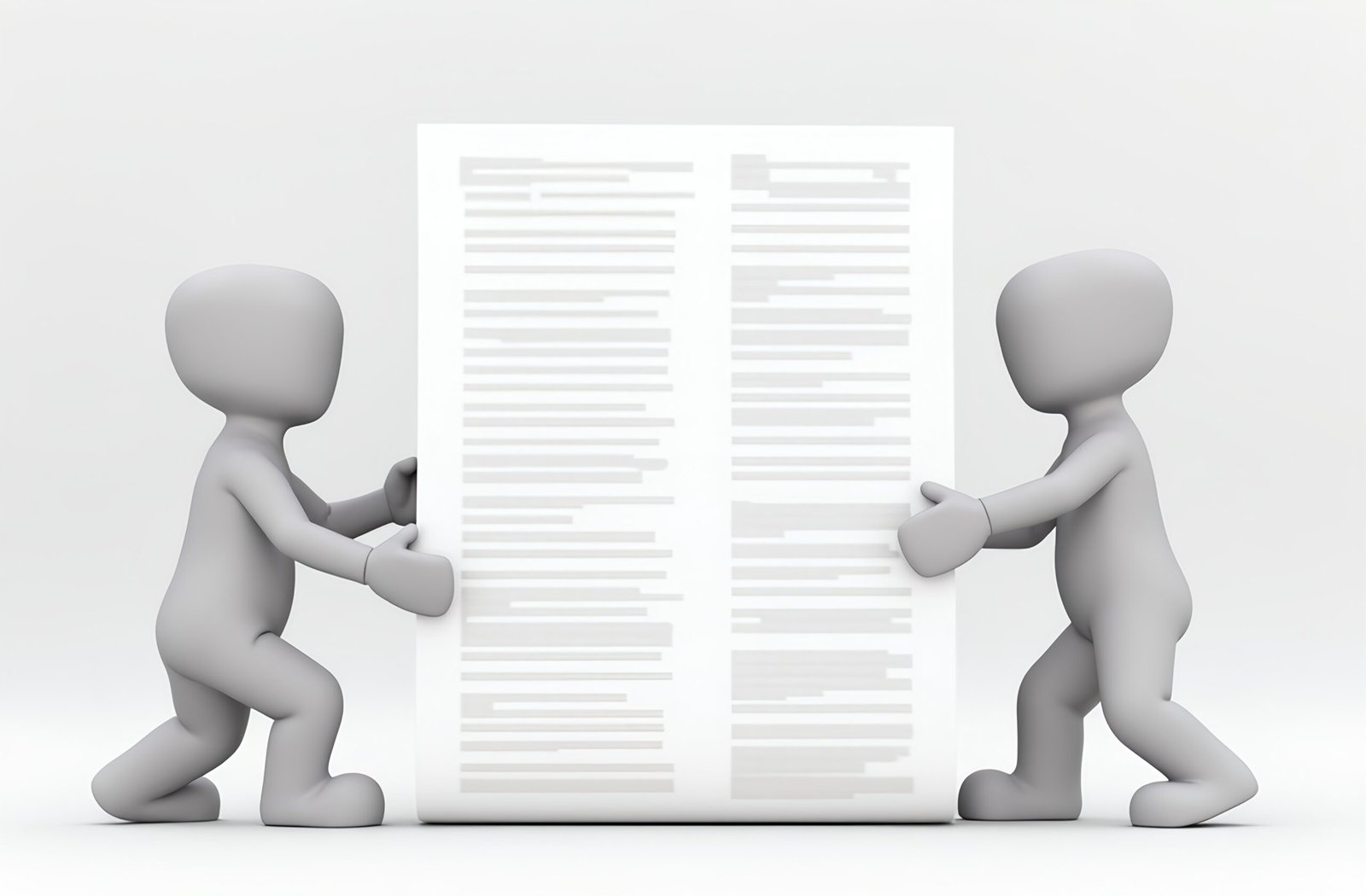 3D cartoon characters pulling together a giant document or report, working side by side in a collaborative digital workspace