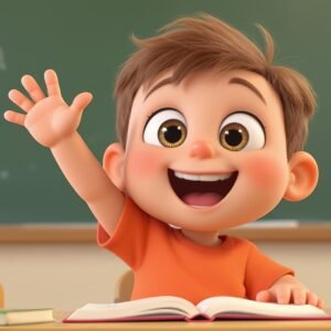 3D cartoon child raising their hand in class, close-up with big expressive eyes and chalkboard in the background