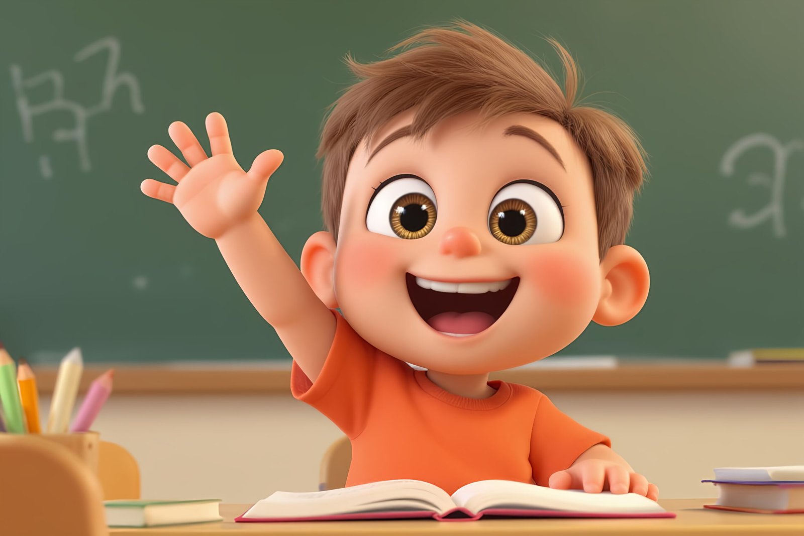 3D cartoon child raising their hand in class, close-up with big expressive eyes and chalkboard in the background