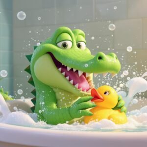 3D cartoon crocodile playing a rubber ducky in a bathtub, with bubbles everywhere