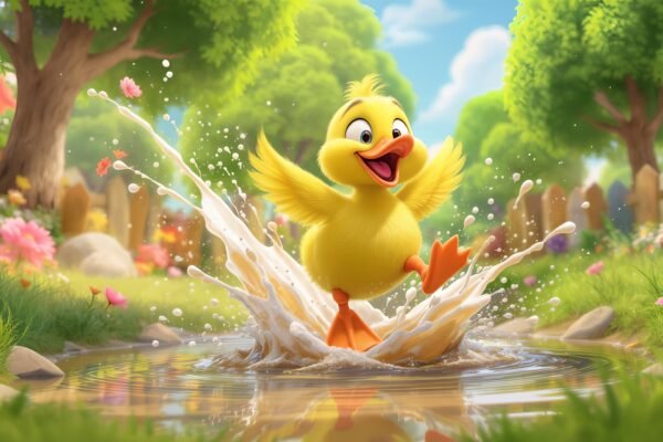 Happy 3D cartoon duck jumping into a puddle with exaggerated splash and joy