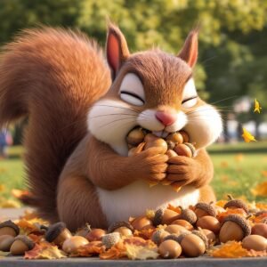 3D cartoon squirrel stuffing way too many acorns into its cheeks, in a park scene