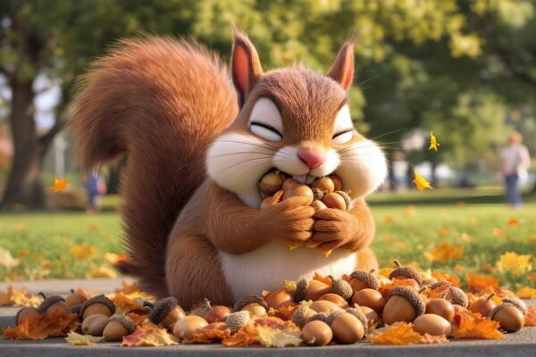 3D cartoon squirrel stuffing way too many acorns into its cheeks, in a park scene