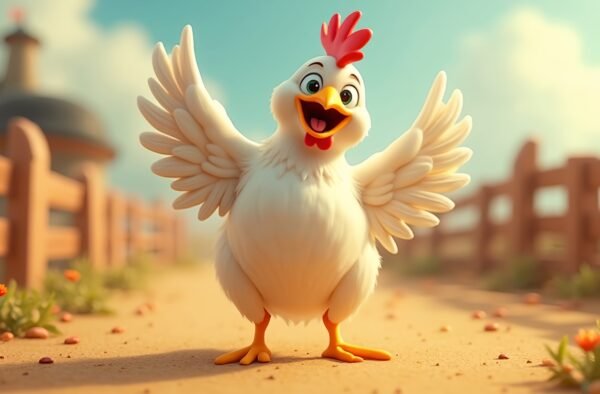 3D cartoon-style chicken flapping its wings in a farmyard