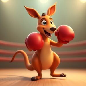 3D cartoon kangaroo character wearing red boxing gloves in playful fighting stance