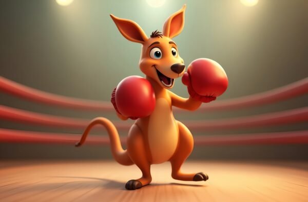 3D cartoon kangaroo character wearing red boxing gloves in playful fighting stance