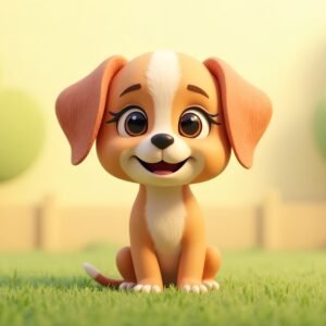 3D cartoon puppy with big eyes and fluffy fur—free illustration for kids' content or playful animal visuals.