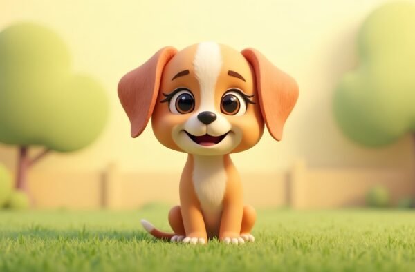 3D cartoon-style puppy with floppy ears and big round eyes sitting in a grassy backyard