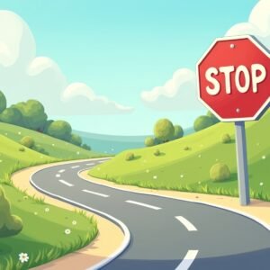 3D cartoon-style road sign on a winding road side 3D cartoon-style road sign on a winding road side: stop, bright colors, cheerful background