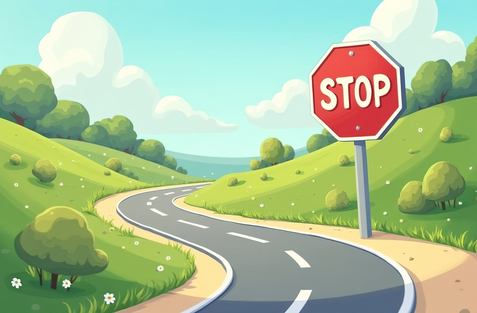 3D cartoon-style road sign on a winding road side: stop, bright colors, cheerful background