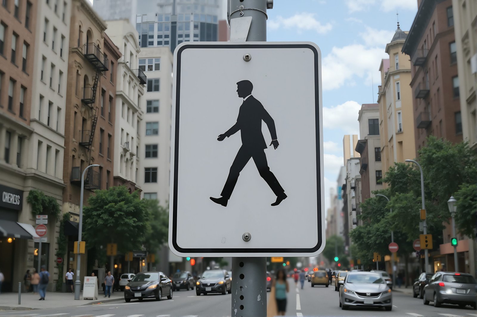 An urban setting with realistic road sign—pedestrian crossing