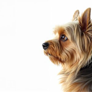 Yorkshire Terrier looking to the side, silky coat detail, minimalist white backdrop