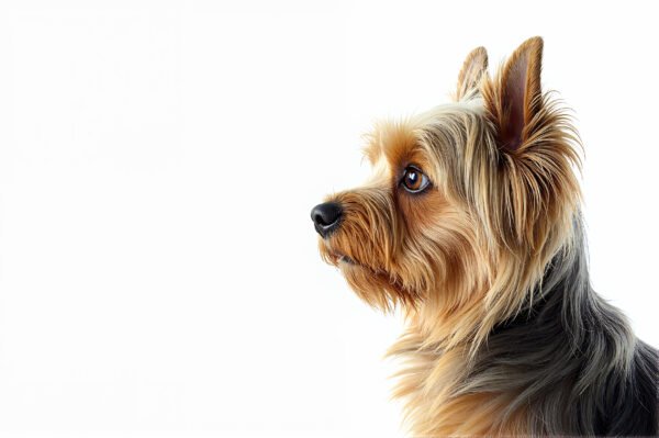 Yorkshire Terrier looking to the side, silky coat detail, minimalist white backdrop