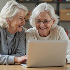Two elderly women looking at a laptop screen and laughing together