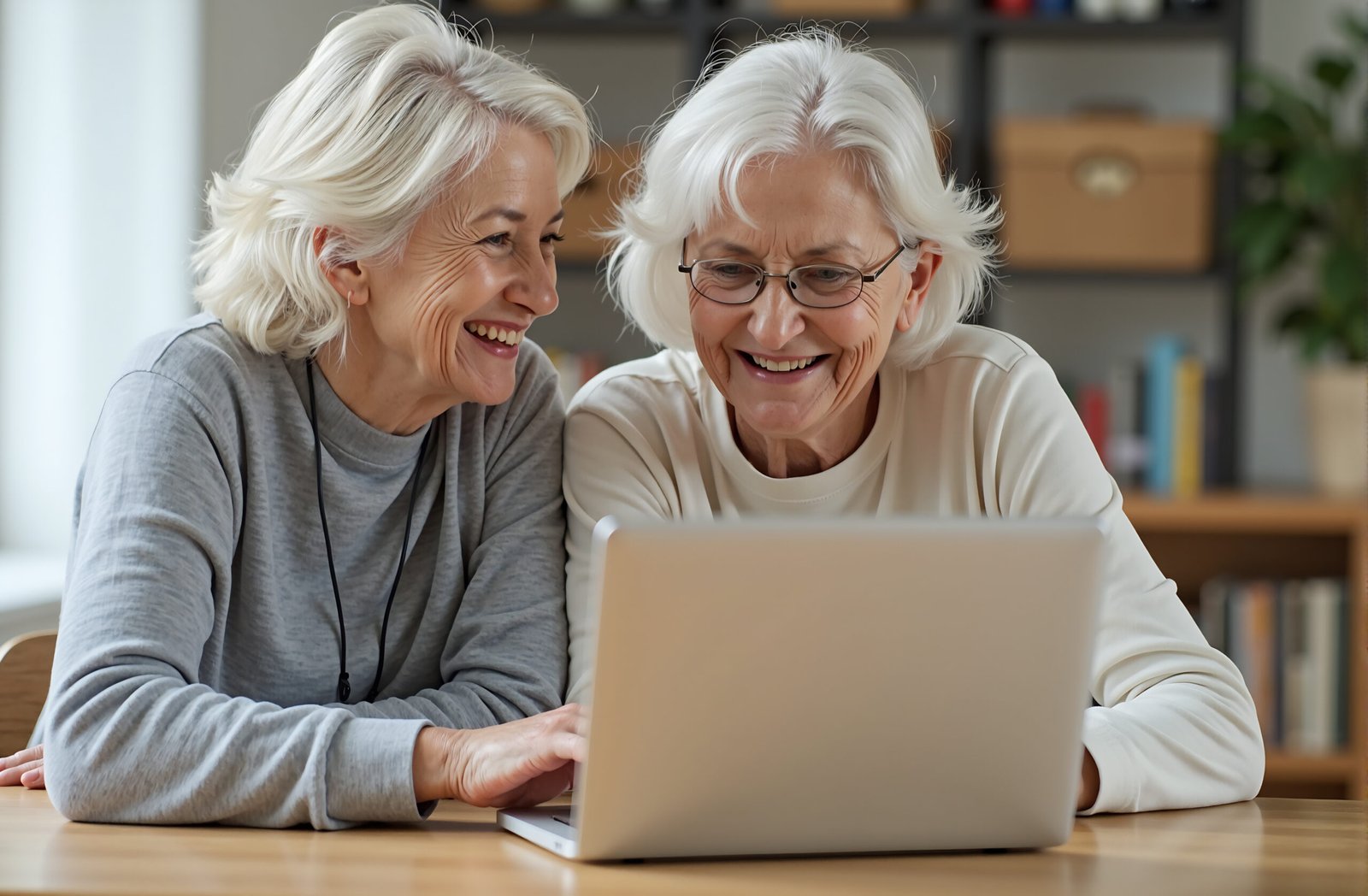 Two elderly women looking at a laptop screen and laughing together