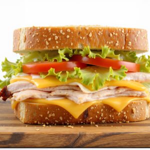 A photorealistic sandwich with multi-grain bread, stacked with turkey, tomato, and cheddar cheese, on a wooden cutting board with a knife beside it, clean white background