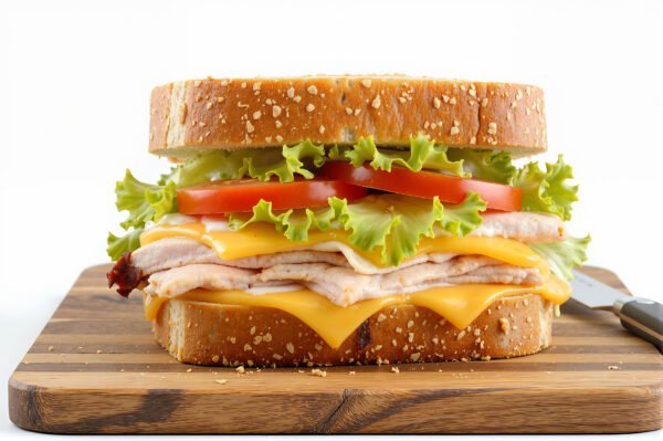 A photorealistic sandwich with multi-grain bread, stacked with turkey, tomato, and cheddar cheese, on a wooden cutting board with a knife beside it, clean white background